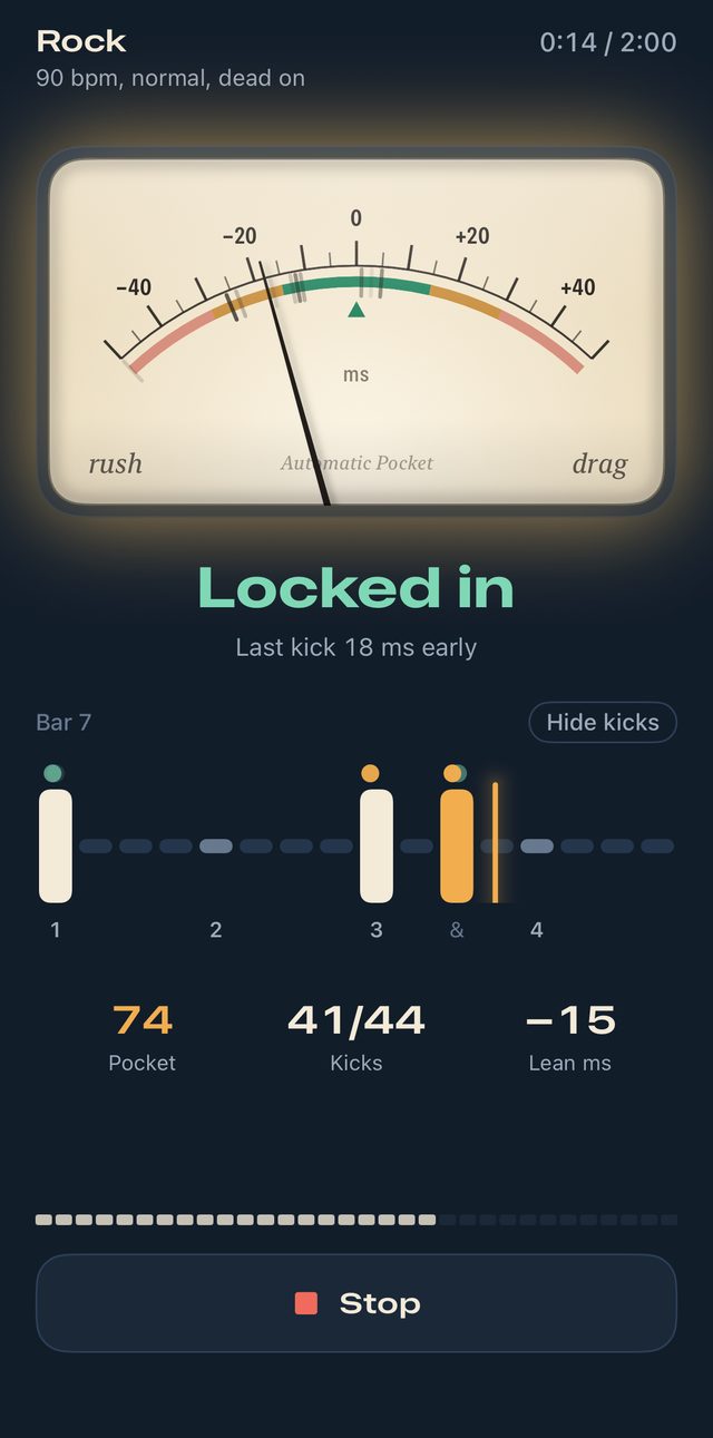 The play screen: a needle meter showing the last kick note 18 ms early, the word Locked in, and one bar of a rock groove with a dot where each note landed.