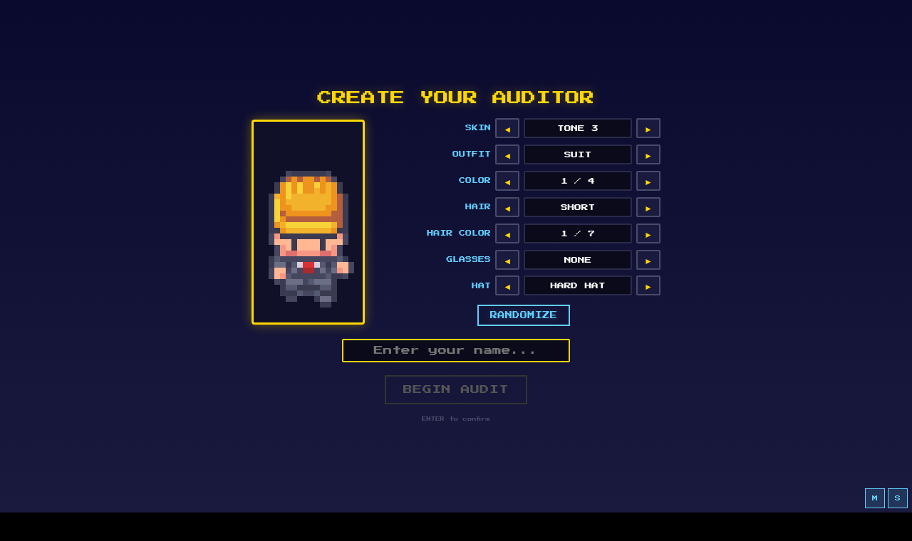 The character creator, hard hat equipped